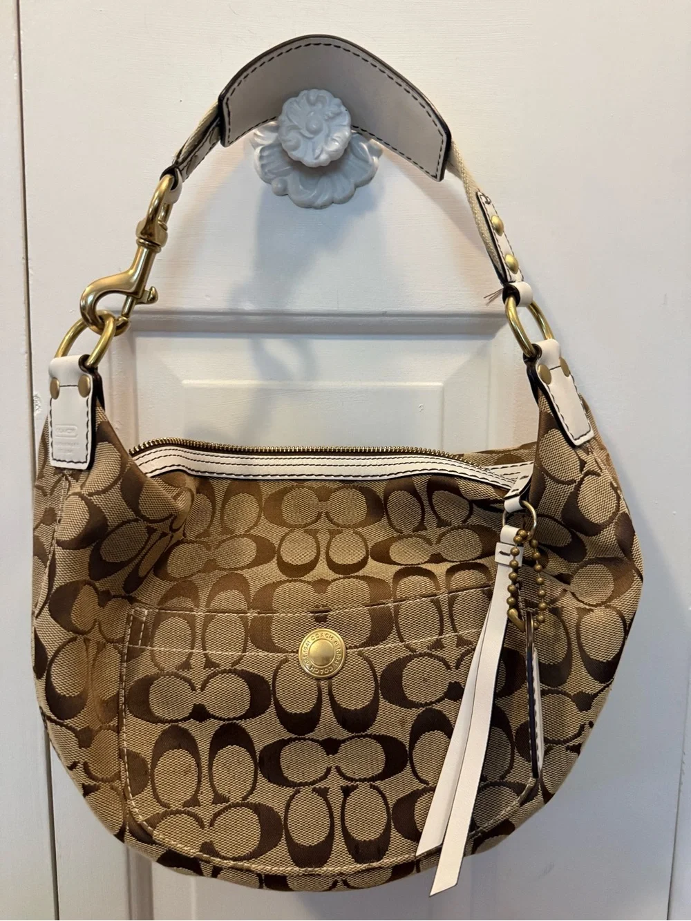 Coach Tan Signature Canvas Hobo with White Trim
